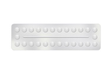 3D blister ile hap hastalık ve ağrı tedavisi için. Tıbbi ilaç paket tablet için: antibiyotik, vitamin, aspirin. Gerçekçi mock-up ambalaj. Vektör çizimler üzerinde arka izole paketi