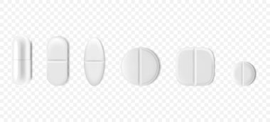 Antibiotic pills isolated on white background. Collection of oval, round and capsule shaped tablets. Medicine and drugs. Realistic 3d Vector illustration