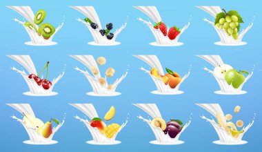 Big collection of fruits in milk splash. Strawberry, banana, peach, pear, mango, apple, kiwi, avocado, sweet cherry, cherry, plum, blueberry. Vector 3d realistic set