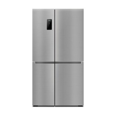 Vector 3d realistic mock up with gray two-chambered refrigerator isolated on white background. Modern smart appliance in kitchen.