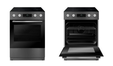 Modern gas stove, multi function stove with touch menu and timer in two views, with open and close door with light. Realistic 3d Vector illustration isolated on white background