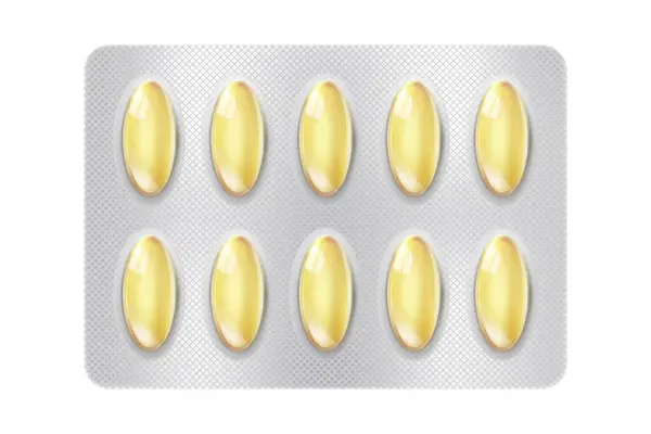 Realistic Fish Oil Omega Pills Blister Capsules White Background Mock — Stock Vector