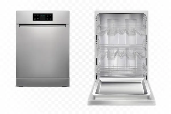 Посудомоечная Машина Открытой Закрытой Дверью Изолирована Белом Фоне Концепция Умного — стоковый вектор