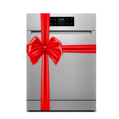 Dishwasher with red ribbon and bow. 3D rendering. Gift concept. Realistic vector illustration isolated on white background