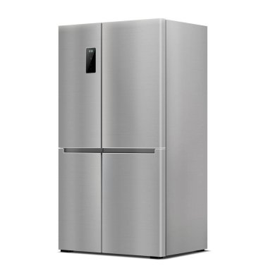Stainless Steel Double Door Refrigerator. Side View . Realistic 3d rendering. American Style Fridge. Isolated vector illustration on White background. Modern Kitchen and Domestic Major Appliances