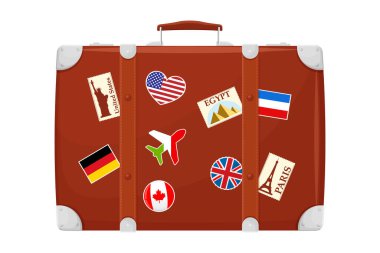 Üzerinde seyahat etiketleri, metal virajlar ve kemerler olan beyaz arka planda izole edilmiş Retro Brown Deri bavul. Simge Kapat. Tatil ve Seyahat Konsepti. Antika çanta. Ön manzara. Vektör düz tasarımı