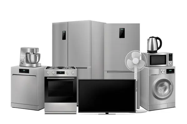 A set of household appliances: microwave oven, washing machine, refrigerator, double door fridge, stove, fan,TV, dishwasher, food processor, kettle. Realistic 3D vector, isolated