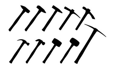 Alet takımı: balyoz, çekiç, tahta çekiç. Marangoz, müteahhit. Tahta saplı ve çelik temeli olan aletler, çivi çakmak ve nesneleri kırmak için. Vektör illüstrasyonu.