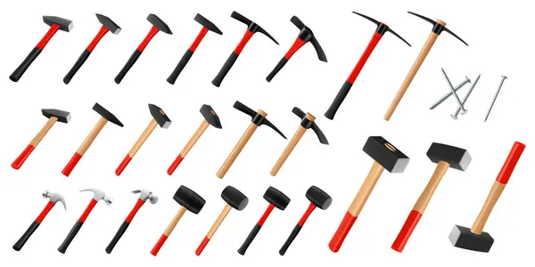 Set Hammers Pickaxe Sledge Hammers Rubber Mallets Steel Nails Isolated — Stock Photo, Image