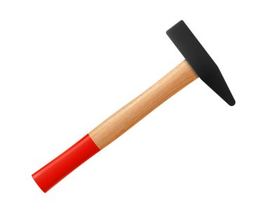 Beyaz arkaplanda izole edilmiş çekiç simgesi. Marangoz, müteahhit. Tahta saplı ve çelik temeli olan aletler, çivi çakmak ve nesneleri kırmak için. Gerçekçi 3d vektör illüstrasyonu