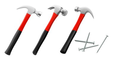 Marangozun çekiçleri beyaz arka planda izole edilmiş çivili. Fitter ya da çilingir çekici farklı açılarda. Isome illüstrasyon. Gerçekçi 3d vektör tasarımı