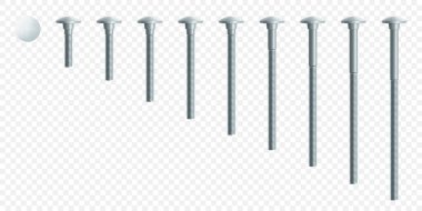 Beyaz arka planda izole edilmiş çelik cıvatalar. Gerçekçi 3 boyutlu paslanmaz çelik cıvata simgesi. Vidalar ve cıvatalar. İzometrik vektör illüstrasyonu