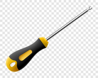 Tornavida şeffaf arkaplanda izole edildi. Siyah ve sarı uzun tornavidalar. Ev Tamiratı ve Mekanik Çalışmalar için metal bir alet. Gerçekçi 3d vektör illüstrasyonu.