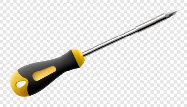 Tornavida şeffaf arkaplanda izole edildi. Siyah ve sarı uzun tornavidalar. Ev Tamiratı ve Mekanik Çalışmalar için metal bir alet. Gerçekçi 3d vektör illüstrasyonu.