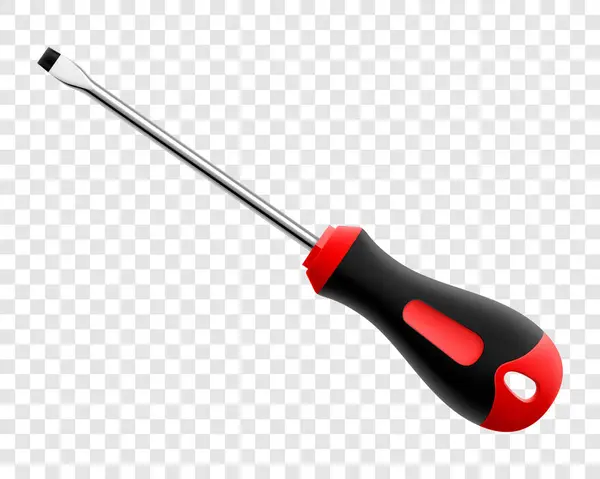 stock vector Flat head screwdriver isolated on transparent background. Black and red long screwdrivers. Metal tool for Home Repairs and Mechanical Work. Realistic 3d vector illustration.