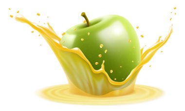 Olgun sulu yeşil elma taze elma suyunun içine düşer. Şeffaf sıçrama ve damlalar, elma suyu serpme, gerçekçi 3D vektör illüstrasyonu
