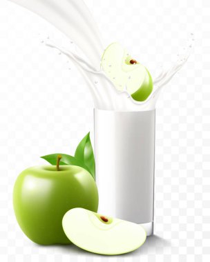 Bir bardak taze elmalı yoğurt veya milkshake. Şeffaf arkaplanda yeşil elmalı bir bardak kokteyl ya da süt. Gerçekçi 3d vektör illüstrasyonu