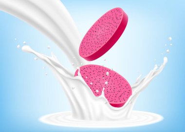 Yoğurt ya da süt katılmış egzotik, tropik ejder meyvesi, kokteyl sıçraması ve damlaları, pitaya ya da pitahaya soslu milkshake. Gerçekçi 3d vektör illüstrasyonu