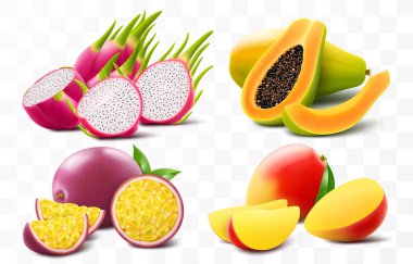 Şeffaf arka planda izole edilmiş egzotik tropikal meyve mangosu, papaya, tutku meyvesi ve ejderha meyvesi veya pitaya seti. Tam ve sulu meyve dilimleri. Gerçekçi 3d vektör illüstrasyonu
