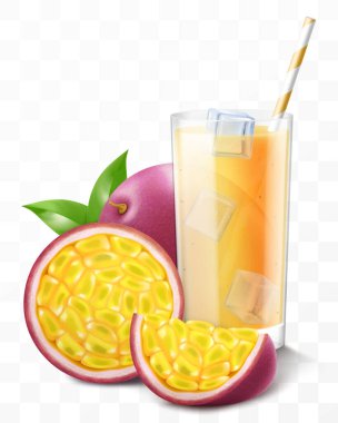 Tutku meyvesi ve buz küplü bir bardak taze meyve suyu. Bir bardak kokteyl ya da şeffaf arka planda izole edilmiş olgun egzotik tutku meyveli smoothie. Gerçekçi 3d vektör illüstrasyonu