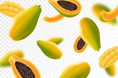 Uçan olgun papaya. Parlak reklam arkaplanı sulu meyve papaya, bulanık efektli gerçekçi illüstrasyon. Reklam pankartları ve web sayfası tasarımı için 3d vektör tasarımı