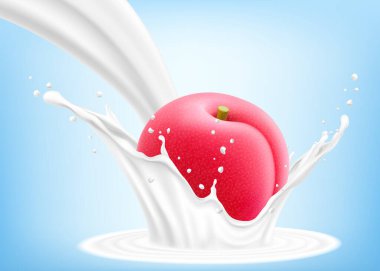 Taze erik yoğurt ya da sütün içine düşer, damla damla kokteyl, sulu meyveli milkshake. Gerçekçi 3d vektör illüstrasyonu