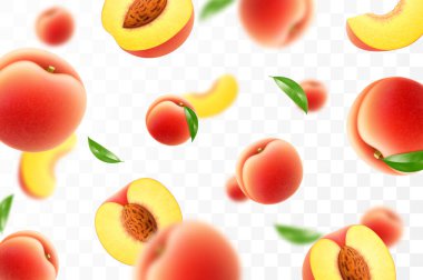 Uçan olgun şeftali. Parlak reklam arkaplanı sulu tatlı şeftali, bulanık efektli gerçekçi illüstrasyon. Reklam pankartları ve web sayfası tasarımı için 3d vektör tasarımı