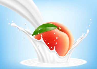 Taze olgun şeftali yoğurt ya da sütün içine düşer, damla damla kokteyl, sulu meyveli milkshake. Gerçekçi 3d vektör illüstrasyonu