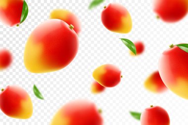 Uçan olgun mango. Parlak reklam arkaplanı sulu meyve mangosunun düşüşü, bulanık efektli gerçekçi illüstrasyon. Reklam pankartları ve web sayfası tasarımı için 3d vektör tasarımı