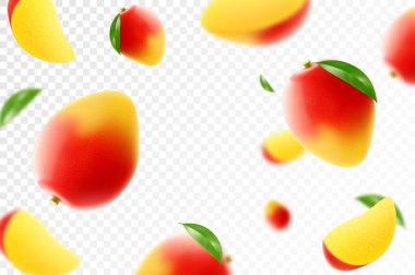 Uçan olgun mango. Parlak reklam arkaplanı sulu meyve mangosunun düşüşü, bulanık efektli gerçekçi illüstrasyon. Reklam pankartları ve web sayfası tasarımı için 3d vektör tasarımı