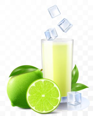 Bir bardak taze mojito ya da buzlu limonata ve pipet. Şeffaf arka planda limon meyveli meyve suyu ya da smoothie. Gerçekçi 3d vektör illüstrasyonu.