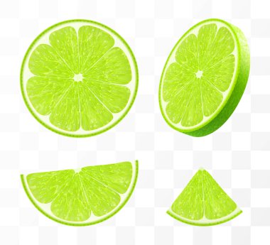 Şeffaf arkaplanda yeşil kireç dilimleri var. Tropikal bitki, ferahlık ve lezzet saçıyor, her parçada keskin bir tat vaat ediyor. Gerçekçi 3d vektör illüstrasyonu.