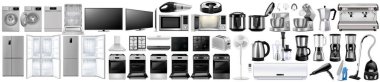 Beyaz arka planda izole edilmiş ev aletleri ve mutfak aletleri. Mikrodalga, buzdolabı, çamaşır makinesi, tost makinesi, çoklu fırın, çaydanlık, blender, robot elektrik süpürgesi, ütü, Vektör 3d gerçekçi