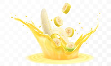 Taze meyve, muz suyu. Sarı olgun muz, şeffaf arka planda izole edilmiş bir meyve suyunun içine düşer. Gerçekçi 3 boyutlu vektör çizimi. Yaz vitamini yiyeceği ve içeceği. Muz püresi.