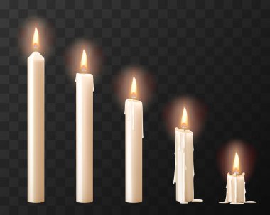 Mum ateşi yakıldı. Animasyon için mum yakmak çok gerçekçi. 3d vektör çizimi şeffaf arkaplanda izole edildi.