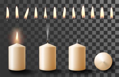 Şeffaf arka planda izole edilmiş gerçekçi silindirik kokulu mumlar ve fitili olan ateş alevleri. Animasyon için mum yakmak çok gerçekçi. 3 boyutlu vektör çizimi. Model