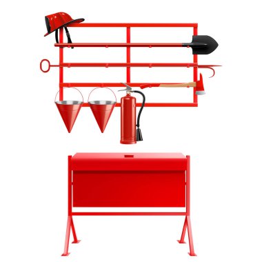 Open-type fire-fighting equipment stand with a tipping sandbox A stand with a fire shovel, a fire bucket, an axe, a fire extinguisher and a fireman's helmet. Realistic 3D vector illustration. clipart