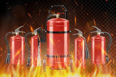 Yanan arka planda izole edilmiş gerçekçi kırmızı yangın söndürücüler: farklı türde yangın söndürücüler, su, karbondioksit, köpük, toz ve ıslak kimyasallar. 3d vektör illüstrasyonu