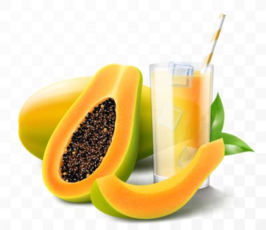 Bir bardak taze papaya suyu ya da buzlu smoothie. Şeffaf arka planda izole edilmiş olgun papaya ve buz küpleriyle bir bardak kokteyl ya da yoğurt. Gerçekçi 3d vektör illüstrasyonu