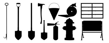 Yangın söndürme ekipmanı ikonları. Yangın söndürücü, kürek, itfaiye baltası, yangın kovası, yangın zıpkını, yangın hortumu, yangın musluğu, yangın söndürme vanaları, yangın söndürme aletleri...