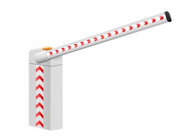 Isometric Otomatik Patlama Bariyeri. Otomatik bariyer kapısını açın. Güvenlik için parlayan lambayla barikat kurun. Park, garaj, inşaat ve kontrol noktası girişi için sınır. Vektör.