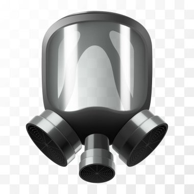 Ateş Güvenliği ve İtfaiyeciler için yüz maskeleri. Beyaz arka planda şeffaf camlı tam yüz gaz maskesi, kıyamet sonrası solunum cihazı. Gerçekçi 3d vektörü