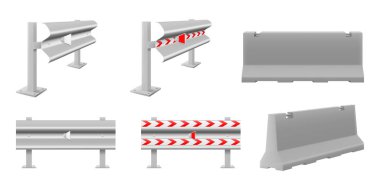 Beyaz arka planda izole edilmiş, yolu kapatan demir beton yol bariyerleri. Gerçekçi 3B izometrik biçim, vektör illüstrasyonu.