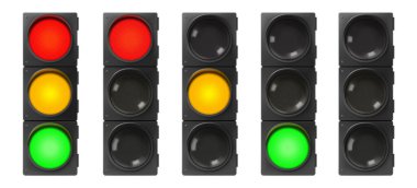 Trafik lambaları seti. Üç rengi de açık ve tek renk olan gerçekçi elektrik lambaları. Sokak düzenleme sistemi sinyalleri, şehirdeki yol güvenliği, beyaz arka planda izole edilmiş vektör.