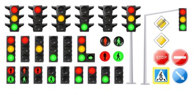 Araçlar ve yayalar için yol tabelaları. Öncelikli yollar, hız sınırı ve sınırlama levhaları. Dur, trafik yönü, yaya geçidi, trafik ışıkları. Gerçekçi 3d vektörü