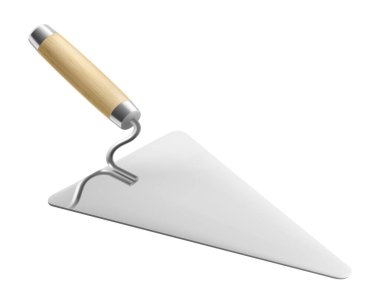 Beyaz arka planda izole edilmiş Isome çimento malası. Web tasarımı için gerçekçi tuğla ustası mala taşıyıcı ikonu. Tahta saplı bir Spatula. İnşaat aleti. Vektör çizimi. Üç Boyut.
