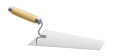 Beyaz arka planda izole edilmiş Isome çimento malası. Web tasarımı için gerçekçi tuğla ustası mala taşıyıcı ikonu. Tahta saplı bir Spatula. İnşaat aleti. Vektör çizimi. Üç Boyut.