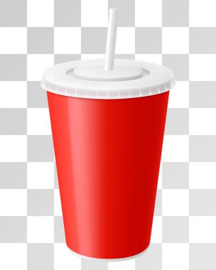 Kahve için plastik ya da kağıt bardak şablonu ya da saman ve kapalı kapaklı soğuk içecek, tek kullanımlık paket modeli. Soda, meyve suyu ya da buzlu çay, fast food meşrubatları. Gerçekçi 3d vektör illüstrasyonu