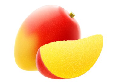 Taze mango tropikal meyve. Şeffaf arka planda izole edilmiş egzotik mango meyvesi. Yaz tropik vitamin yemekleri. Gerçekçi 3d vektör illüstrasyonu