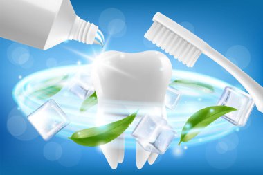 Diş fırçalama. Diş fırçası beyaz sağlıklı dişi temizler. Stomatolojik prosedür, oral sağlık. Diş koruması, diş bakımı önleme kliniği, hijyen rutini. Gerçekçi 3d vektör pankartı